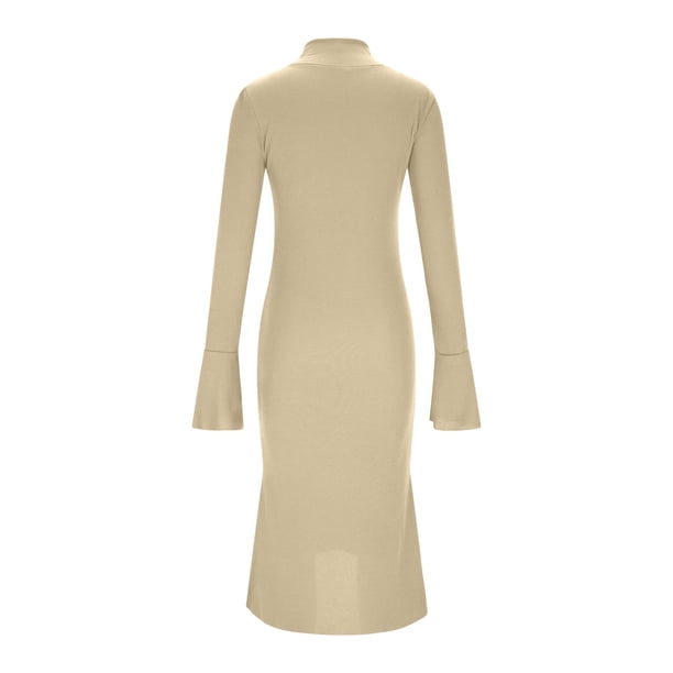 Hduncf Women's Retro Zipper Neck Trumpet Sleeve Knit Dress Form-Fitting Knitted Midi Dress for Casual Formal Events Yellow S