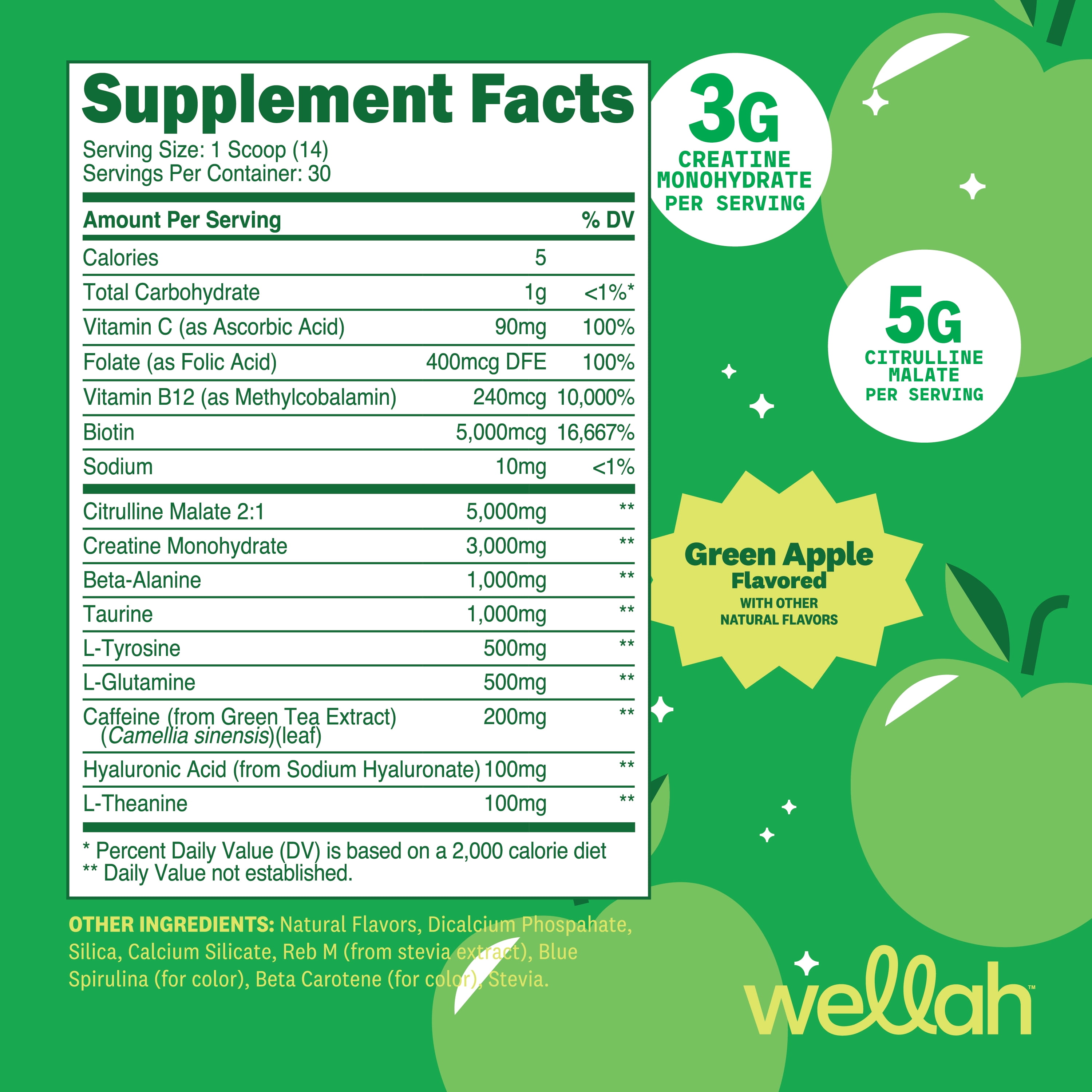Wellah Pre-Workout + Creatine Powder (30 Servings) Green Apple - 200mg Caffeine, 3g Creatine Monohydrate, 5g Citrulline Malate, Pre-Workout with Creatine Supplement