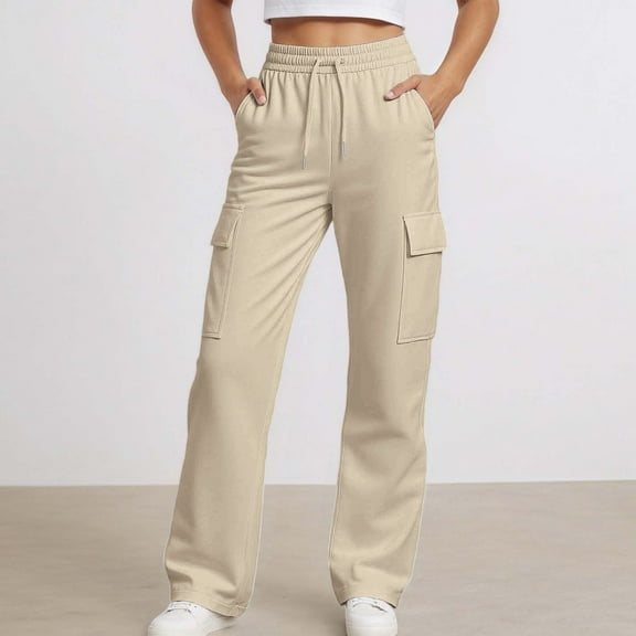 ZHOGXU Big Girls Jogger Pants With Pocket Drawstring Elastic Waist Solid Color Wide Leg Comfortable Soft For Casual Daily Wear Beige 4-5 Years