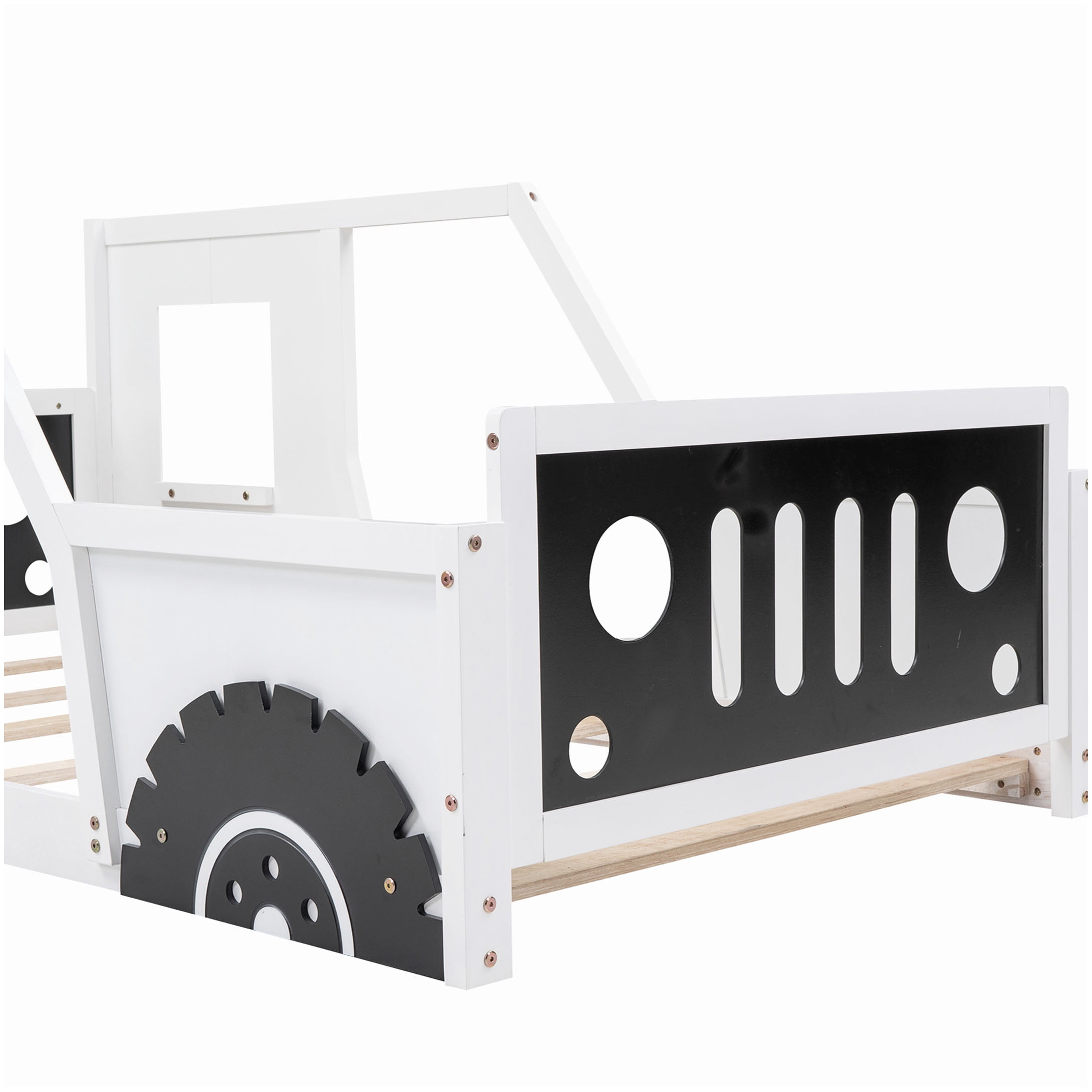 No Box Spring Race Car Bed Frame Twin Size, White Wood Platform with Decorative Wheels