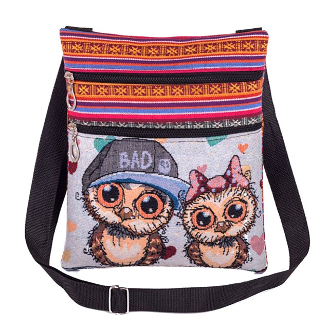 Crossbody Bag Fashion Ethnic Style Owl Pattern Zipper Shoulder Bag for Women