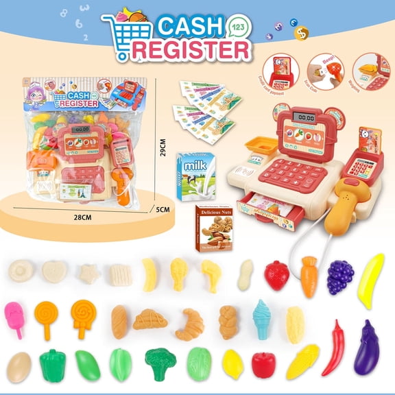 Kids Electronic Cash Register Toy with Scanner, Calculator, Light & Sound - Pretend Play Grocery Store Playset with Fruits, Vegetables & Drink Toys-L332-15H