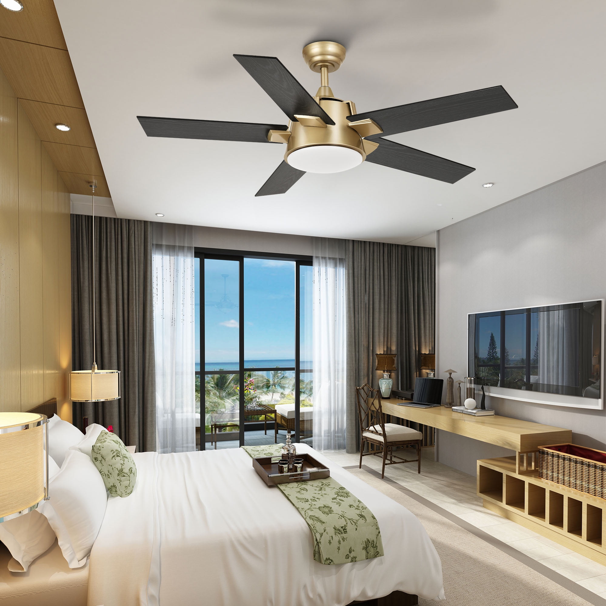 Dextrus 52in Modern Black Gold Ceiling Fan with Light and Wall Switch Remote, 6-Speed 5 Blades Memory Function for Bedroom Living Room Patio
