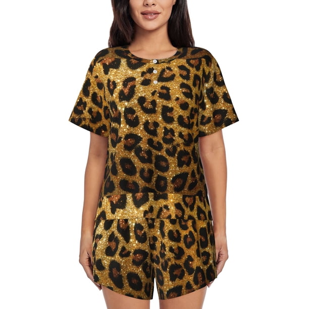 Balery Golden Leopard Glitter Conjunto de Pijama para Mujer con Estampado, Dos Piezas de Manga Corta y Shorts, Ropa de Dormir Suave con Cuello Redondo y Bolsillos-X-Large