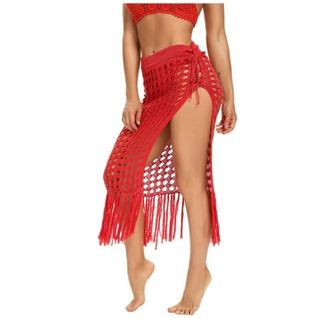 Mrat Layered Flowy Skirts Women Solid Swimsuit Bohemian Hollow Weave Tassels Cover up Bikini Swimwear Beach Cover-Ups Wrap Skirt Mermaid Skirt S-91 Red-A L
