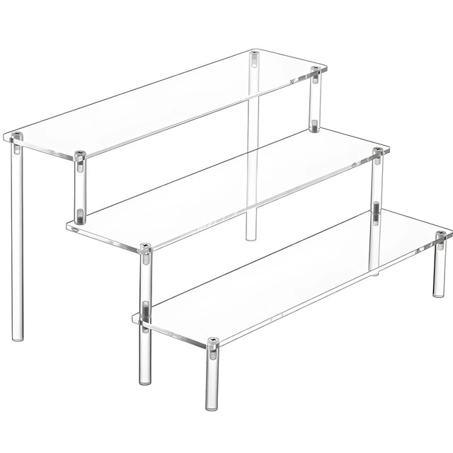 Estante para componentes de audio con 3 niveles, estante para equipos HiFi de acrílico transparente, soporte para amplificador DAC de escritorio con postes de aluminio, tamaño pequeño para componentes