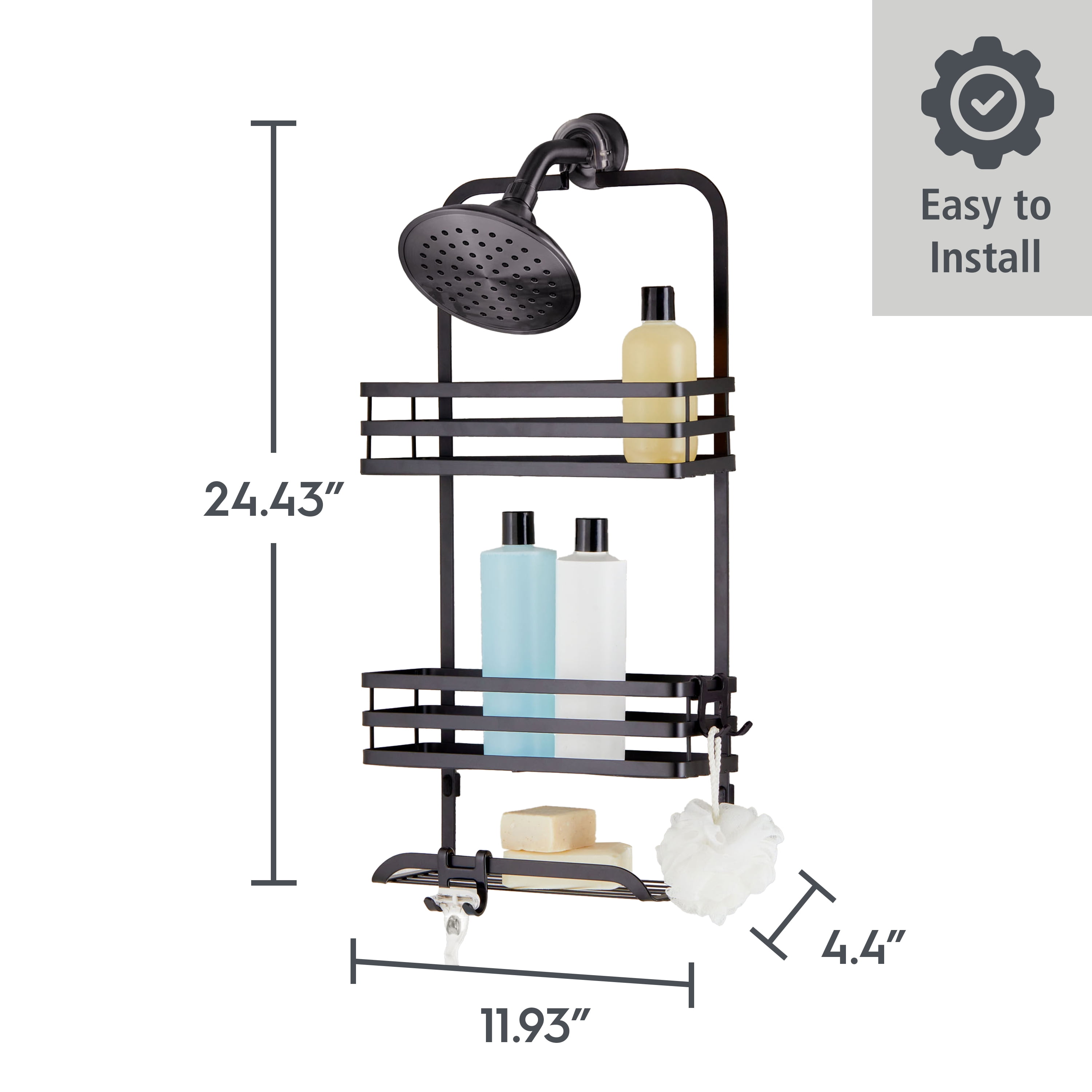BHG Flat Wire Shower Caddy with 3 Shelves Black Bathroom Organizer
