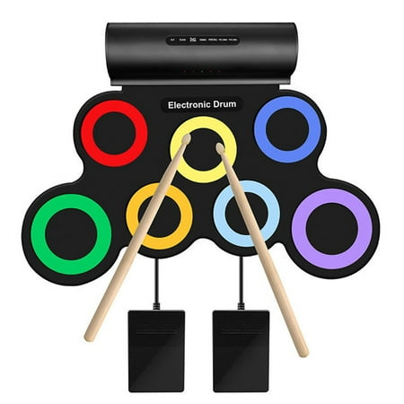 

7-Pad Portable Electric Drum Set with Headphone Jack Speaker Pedals Sticks & 10 Hours Playtime - Great Gift for Kids! Roll-Up & Foldable for Easy Travel.