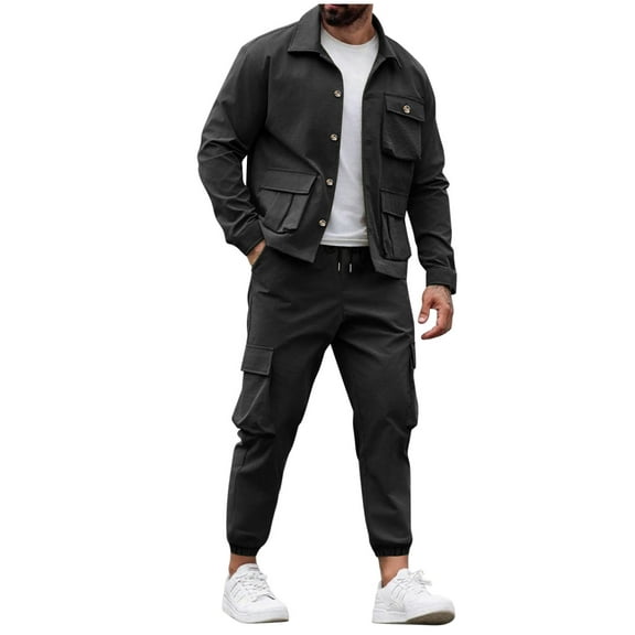 Wrtxtat Men's Shirts Casual Two Pieces Outfit Long Sleeve Button Down Lapel Tops Pockets Drawstrings Running Jogger Sweatpants Tracksuit Black XL