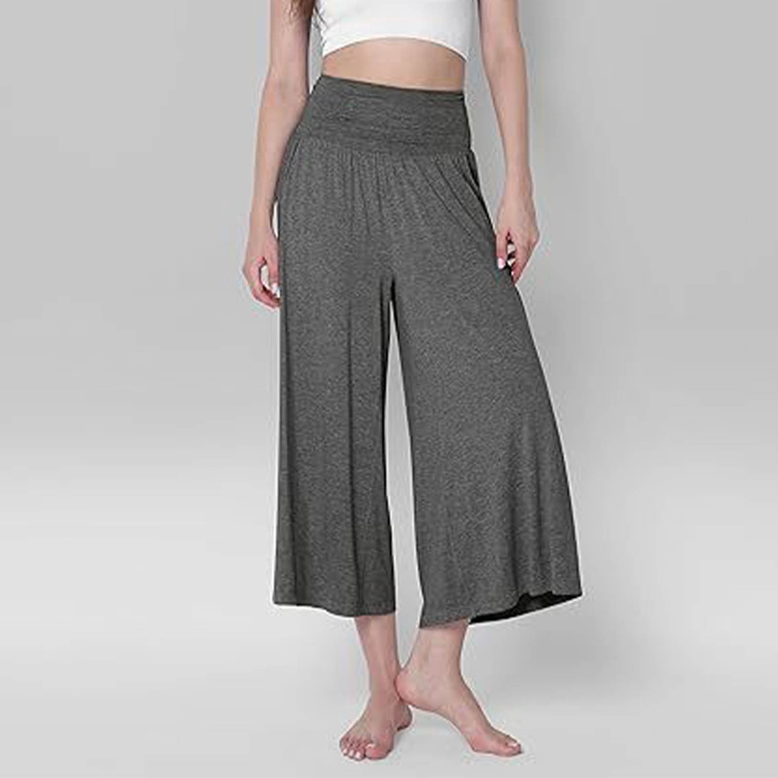 Asxite Plus Size Womens Pajama Pants Solid Soft Knit High Waist Wide Leg Cropped Breathable Bottoms