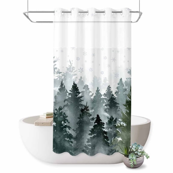 No Hook Shower Curtain with Built-in Rings - Green Christmas Tree Washable Waterproof Fabric Bathroom Curtains for Hotel,Rentals, Stall 54 X 78 Inch , Winter Retro Silver Snowflake
