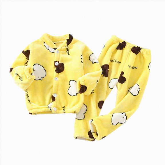 NOLDARES Girls Fleece Pajamas Long Sleeve Flannel Button Down Sleepwear Kids Soft Fuzzy 2 Pieces Pjs Loungewear Sets(K023-Yellow)