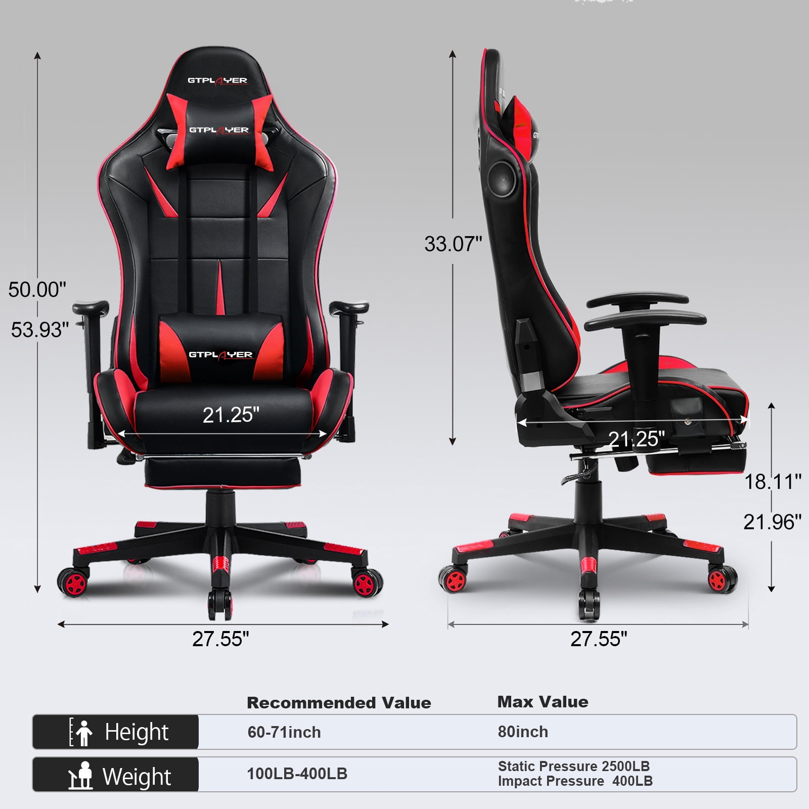 GTRACING Music Gaming Chair with Footrest Ergonomic Reclining PU Leather Office Chair, Red