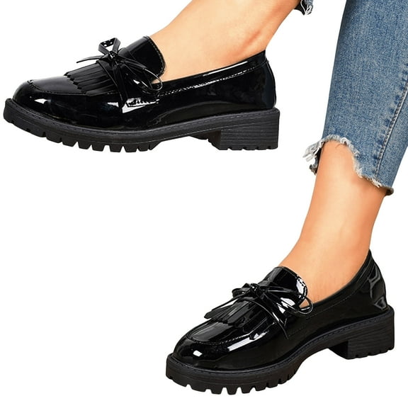 Rokment Fringe Oxfords Dress Shoes for Women Ladies 2026 Spring Fall Fashion Casual Leather Tassel Bow Low Heel Slip on Penny Loafer Ballet Flat Black Size 6