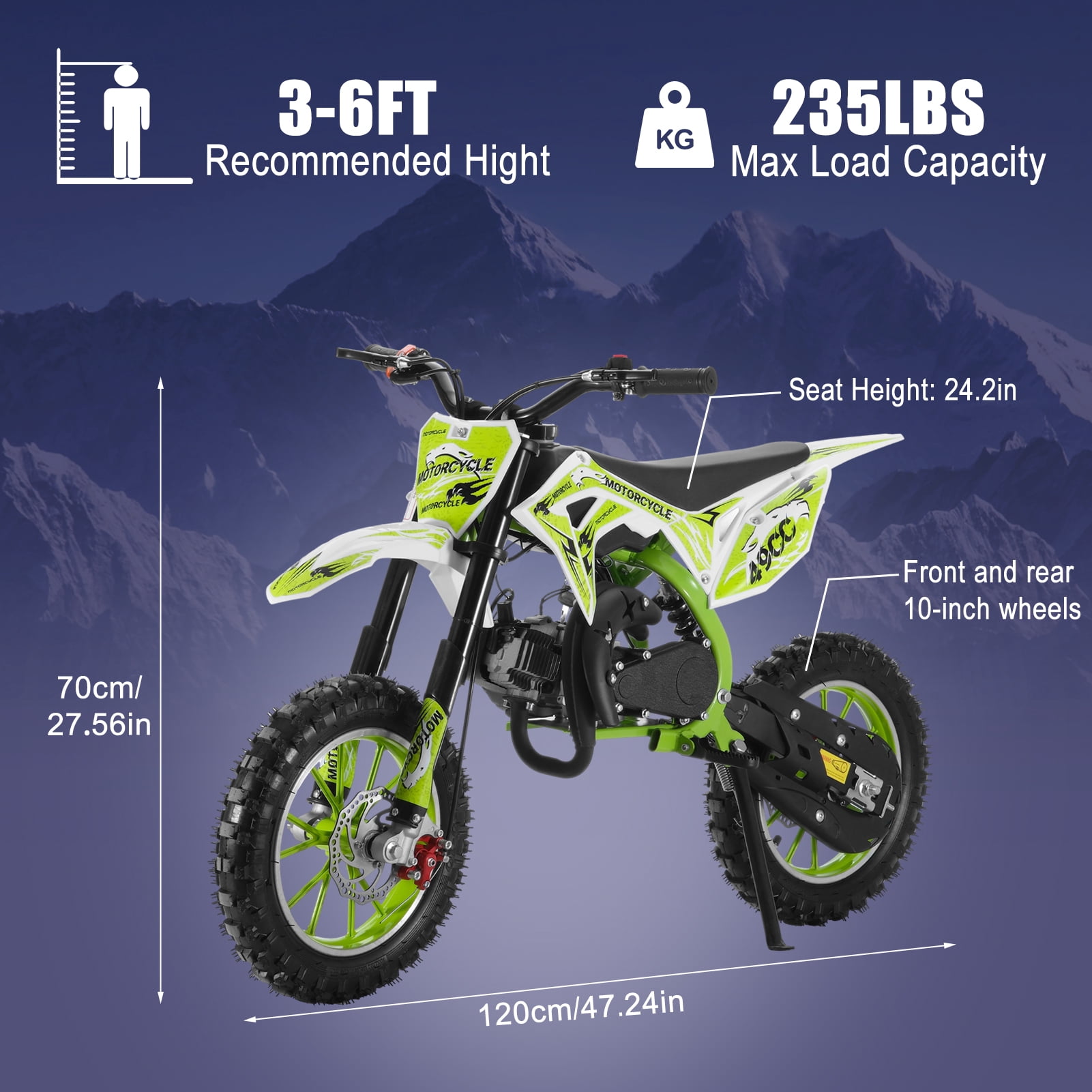 Mohsoe 49CC Pro Gas Mini Motocross Bike, 10" Off-Road Tires & Upgraded Braking, 11" Ground Clearance, Advanced Riding, Green