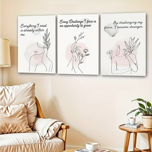 3pcs Decorative Painting, 2D Flat Frameless Canvas Art, 3pcs Set of Frameless Canvas Painting Girl Self-love Wall Decoration, Feminist Art, Abstract Female Lines Art Wall Decoration, Used for Beauti