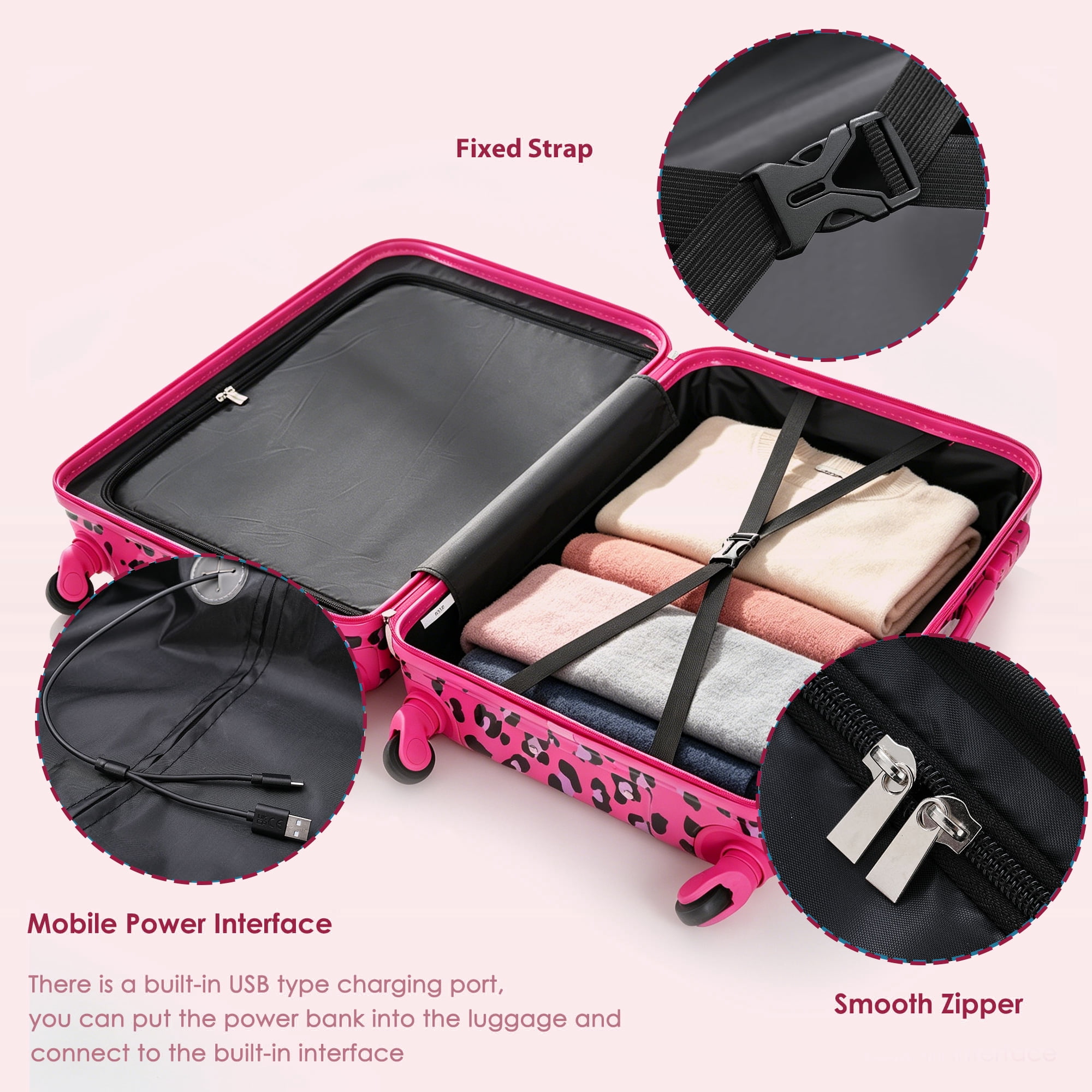 3 Piece Luggage Set, Fuchsia Leopard Print ABS+PC Hard Shell Suitcase, 20 Inch Airline Approved Carry-on with USB Port, Spinner Wheels & Side Hooks