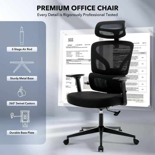 GloryStar Mesh Ergonomic Task Chair, High-Back Computer/Gaming Office Chair with Adjustable Lumbar Support, Headrest & 3D Armrests for Home Office