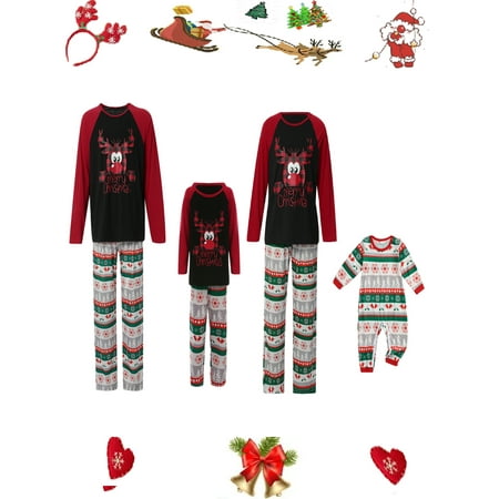 

Licupiee Family Matching Christmas Pajamas Sets Merry Deer Printed Pattern Long Sleeve Tops Stripe Long Pants/Romper Pjs Loungewear