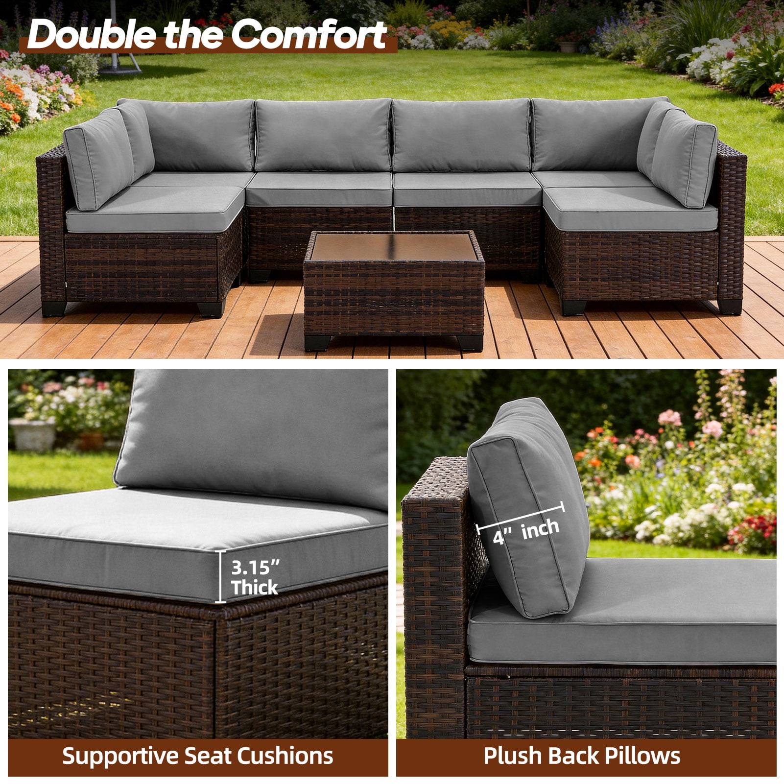14-Piece Patio Furniture Replacement Cushion Set with Washable Covers, Waterproof Sectional Outdoor Sofa Cushions (6 Seat + 6 Back + 2 Armrest), 4" High-Density Foam with Anti-Slip Base, Gray