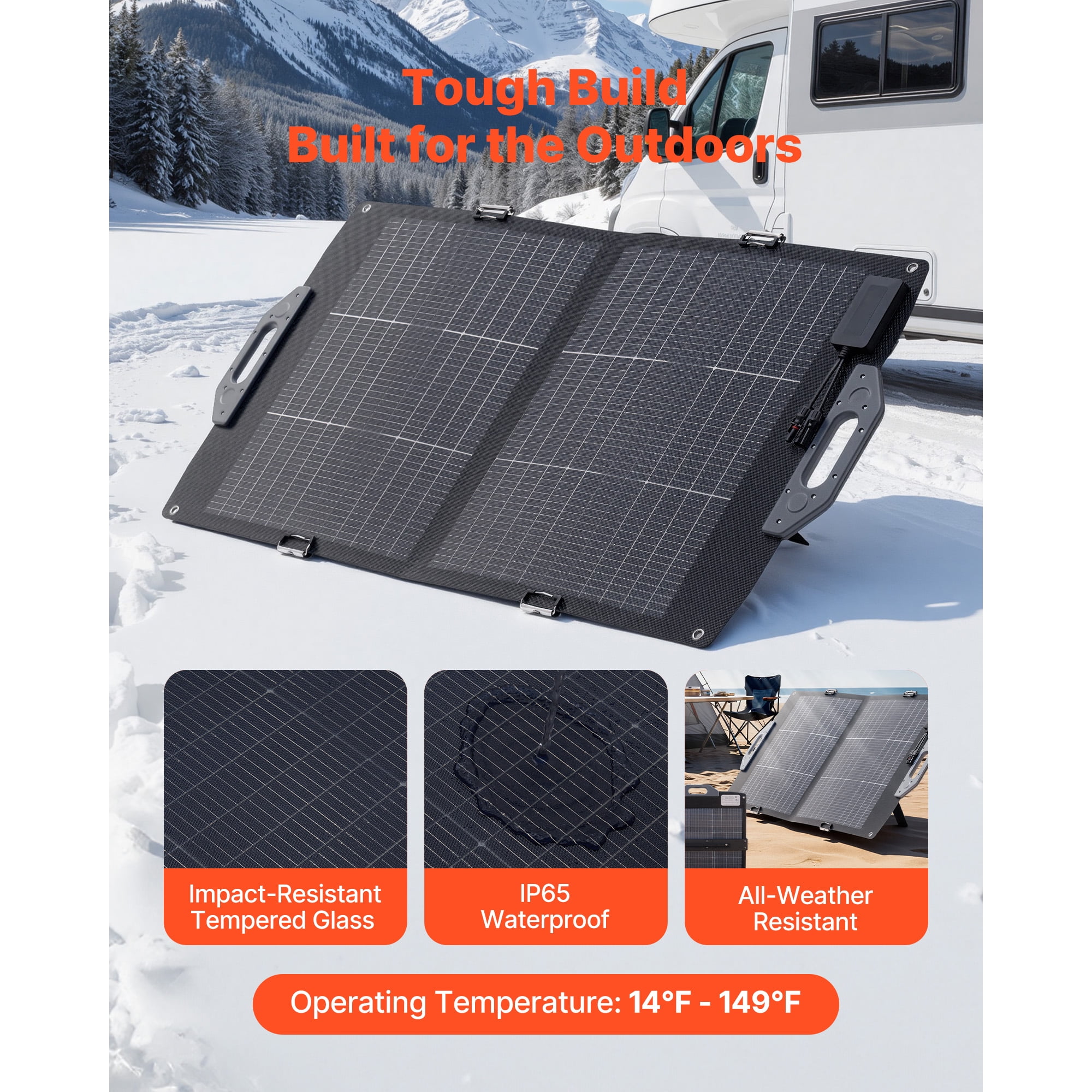 KFFKFF 100W Foldable Bifacial Solar Panel, 16BB N-Type Monocrystalline Charger with 24% Efficiency, Portable Design with MC4, USB-A (QC3.0), Type-C, and DC Ports for Outdoor Power Needs