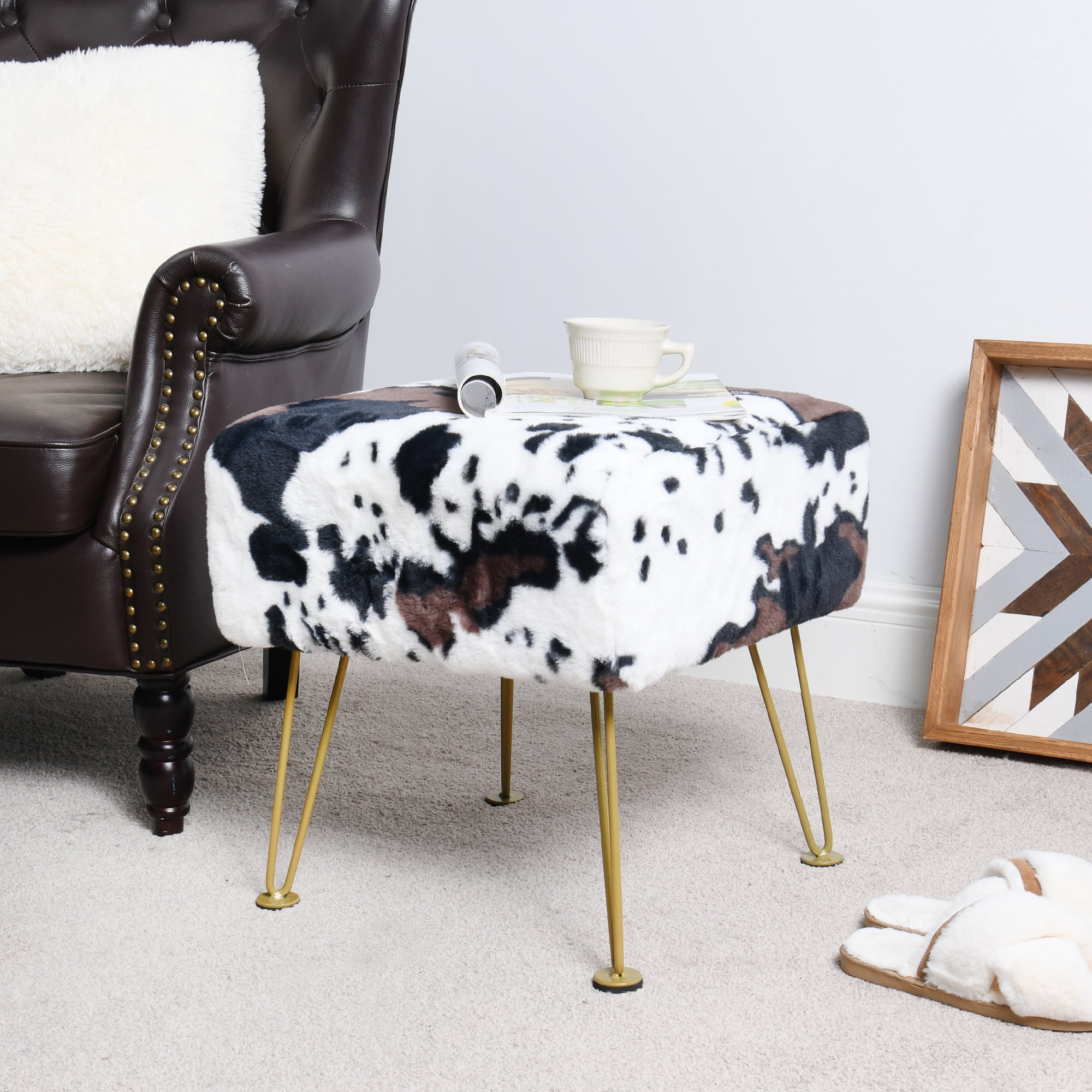 Home Soft Things Faux Fur Ottoman - Cows Flowers - Gold Leg - 17x17x17"