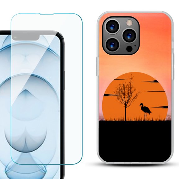 Slim-Fit Gel TPU Phone Case for iPhone 13 Pro Max, with Tempered Glass Screen Protector, by OneToughShield ® - Sunset Flamingo