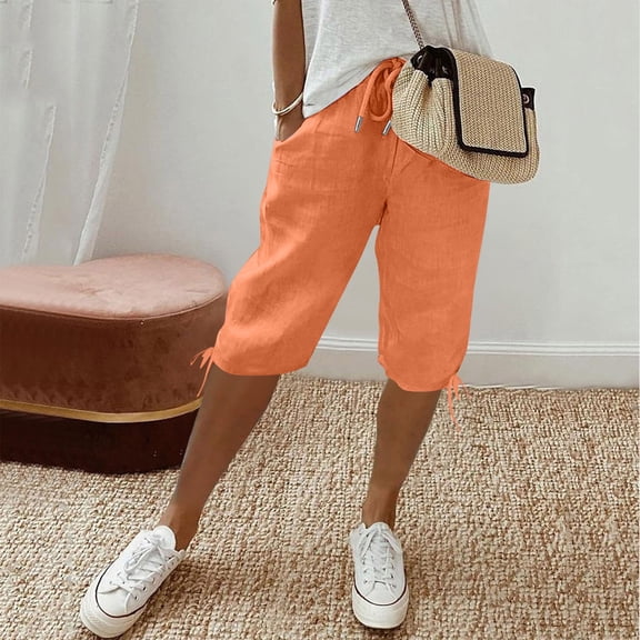 Linen Bermudas Shorts for Women Knee Length Capris Pants Pull On Elastic Drawstring Waist Casual Summer Pedal Pushers Petite Saffron S