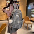 thumbnail image 3 of Plaid Stripe School Backpack, Waterproof Laptop Backpack with Pendant, Nylon Lightweight Bag for Travel Work, Pink, 3 of 5