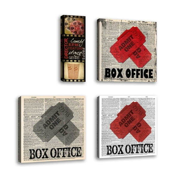 Set of 4 - BOX OFFICE - Contemporary Fine Art Giclee on Canvas Gallery Wrap - wall décor - Art painting - 12 x 12 Inch - Ready to Hang