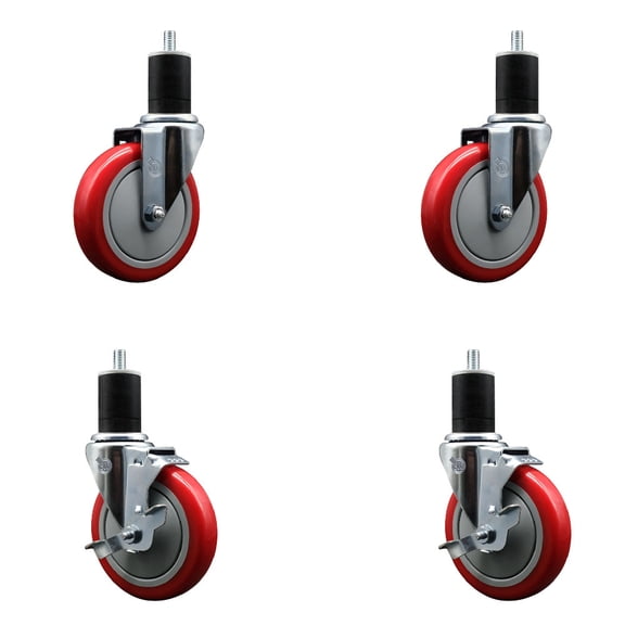 5 Inch SS Red Poly Wheel Swivel 1-3/4 Inch Expanding Stem Caster Set 2 Brakes
