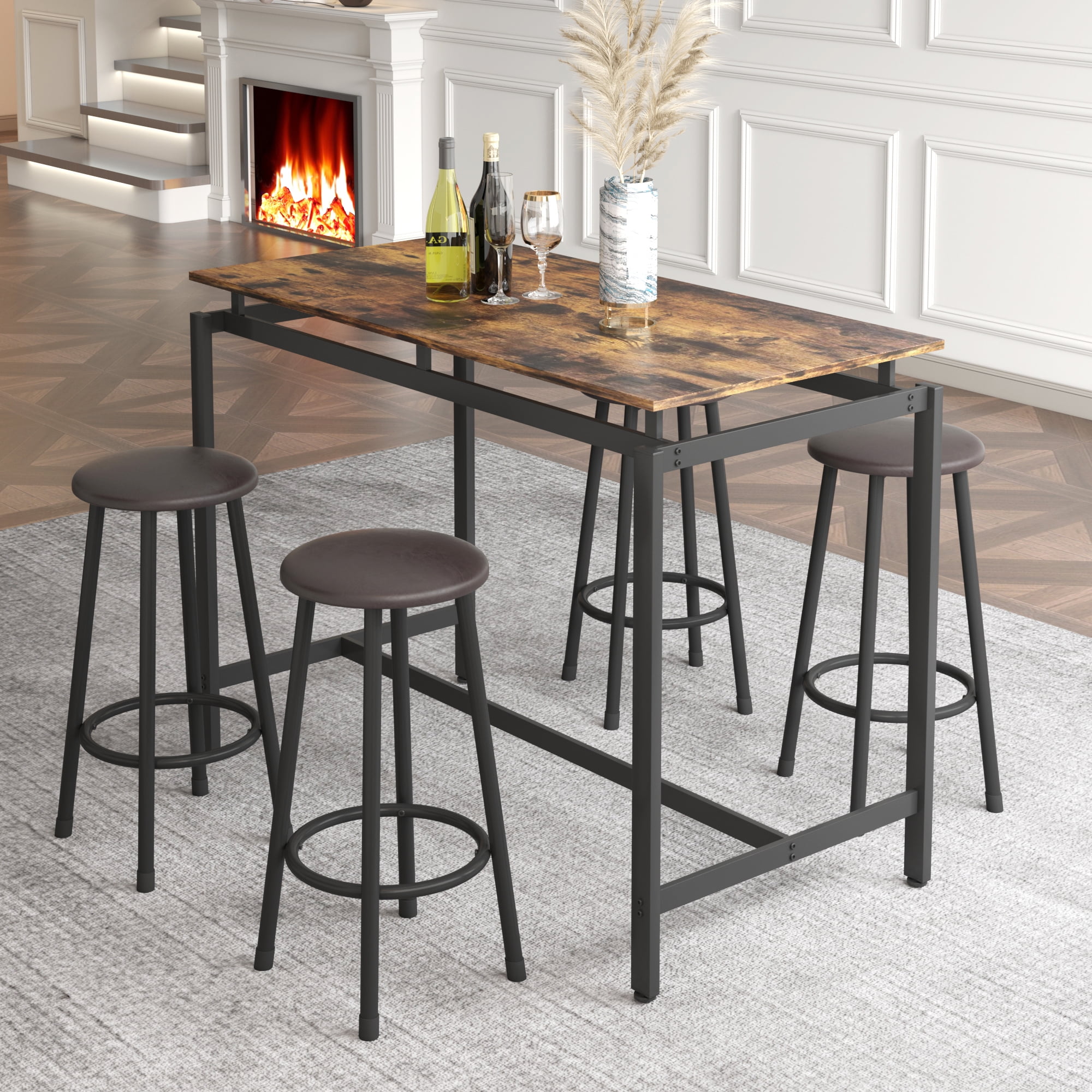 Spaco Height Breakfast/Dining Table Set of 5, Bar Table Set with Chairs, Industric Brown Spaco Height Breakfast/Dining Table Set of 5, Bar Table Set with Chairs, Industric Brown