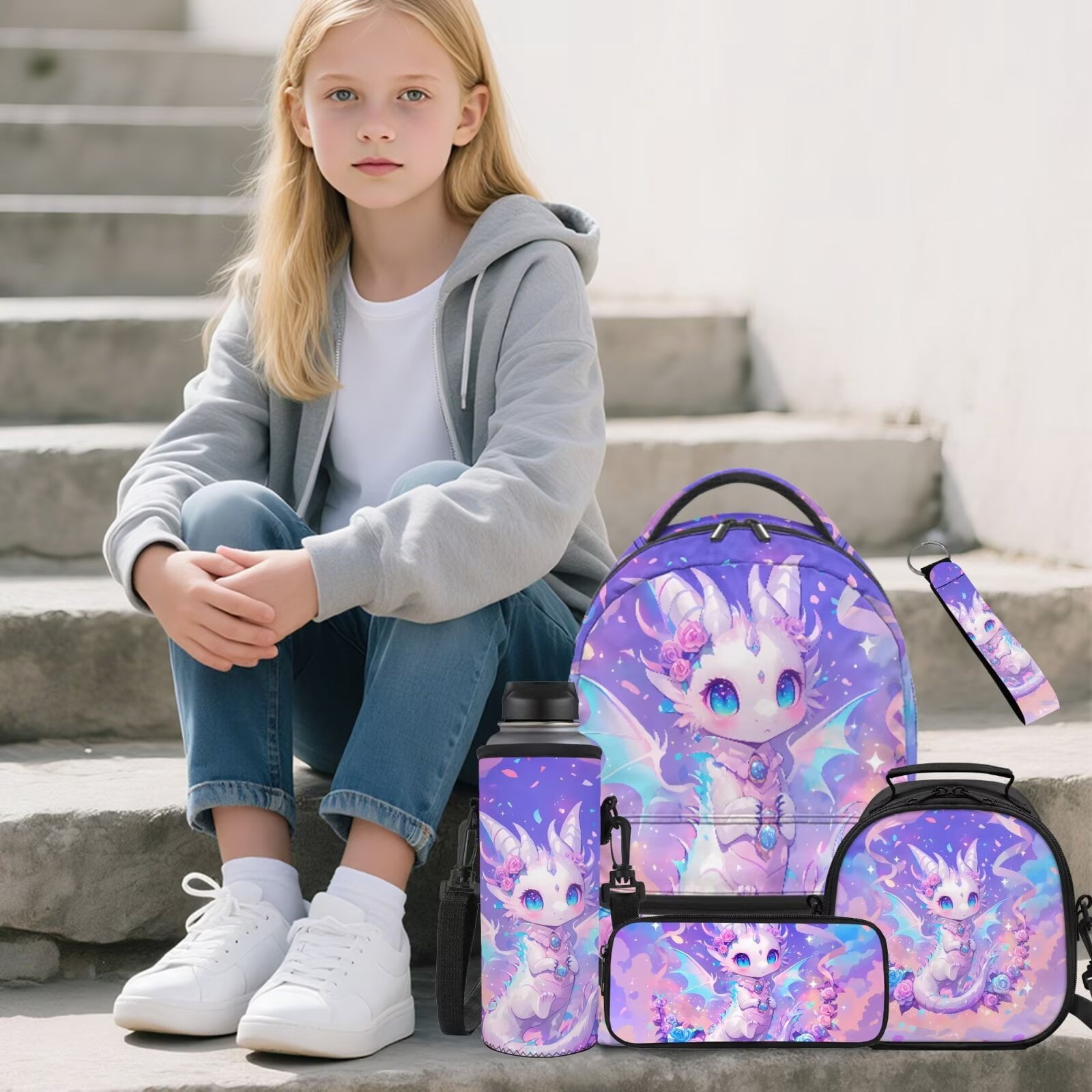 Pzuqiu Rose Dragon Backpack for Girls 5 Piece School Bookbag with Lunch Bag Lightweight School Bag for Girls 10-12 Elementary Backpack with Water Bottle Bag Pencil Box
