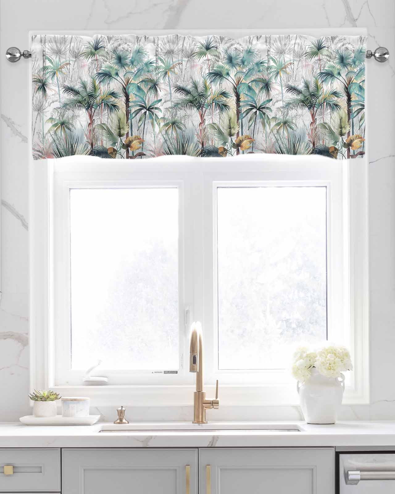 Teal Green Palm Tree Linen Curtain Valance for Bedroom/Bathroom/Kitchen/Living/Dining Room Window,Summer Tropical Coconut Plant Modern White Pocket Topper Drapes Decorative Cafe Drapery 60"x18"