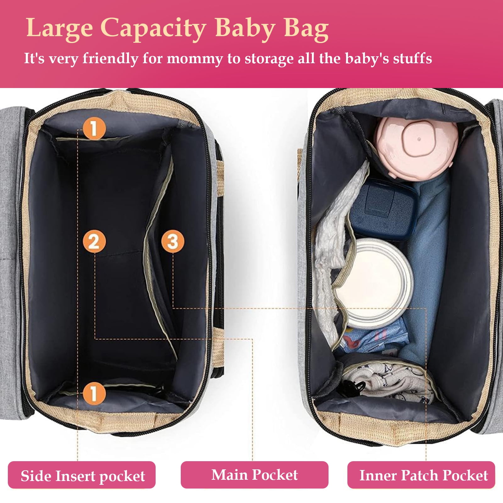Diaper Bag Backpack, Large Waterproof Baby Bag for Mom with Changing Pad, USB Charging Port, Baby Shower Gifts, Gray