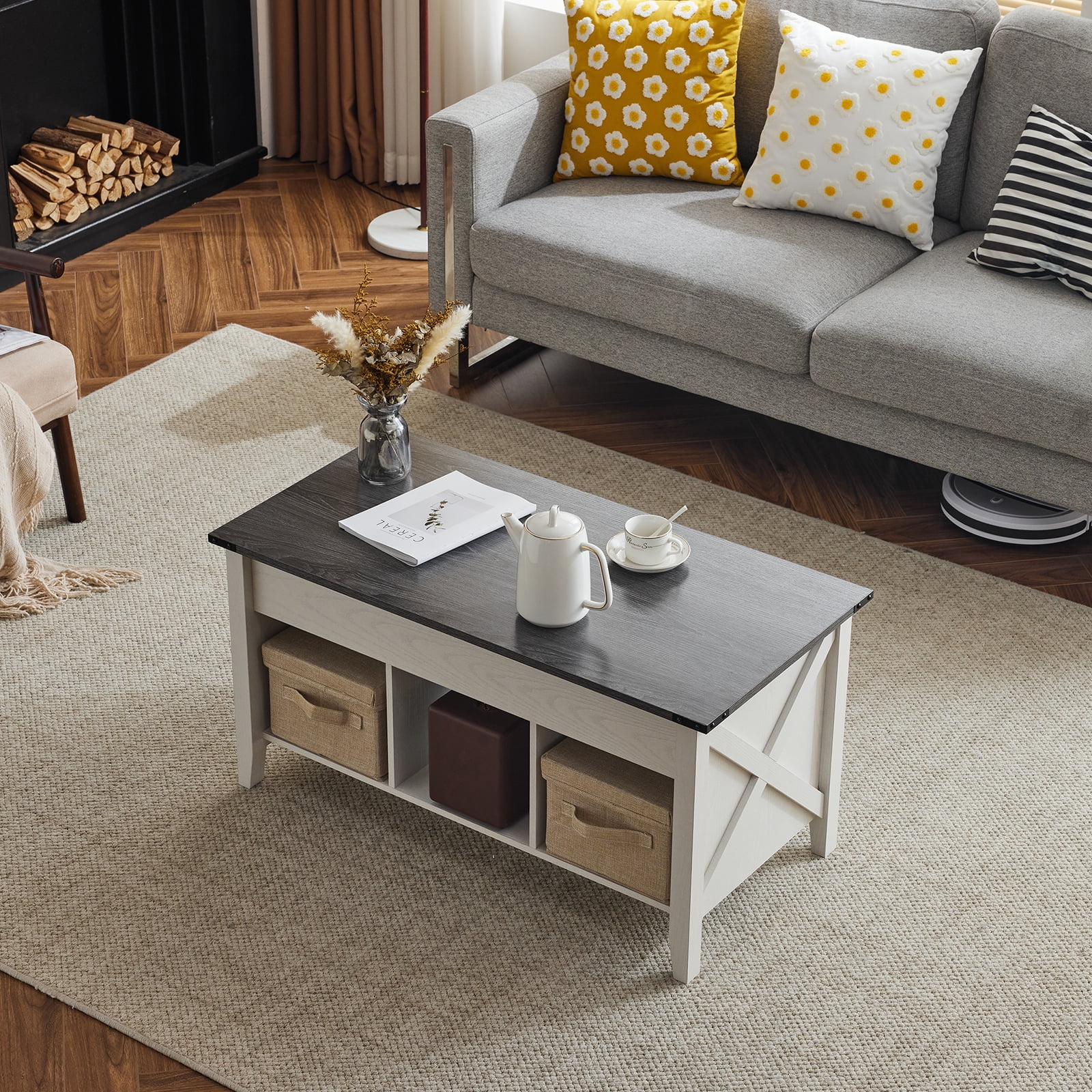 Ktaxon Mid-Century Lift Top Coffee Table, Multi-Functional Lift Tabletop Center Table for Living Room with Hidden Storage Compartment & 3 Cube Shelves, White & Gray