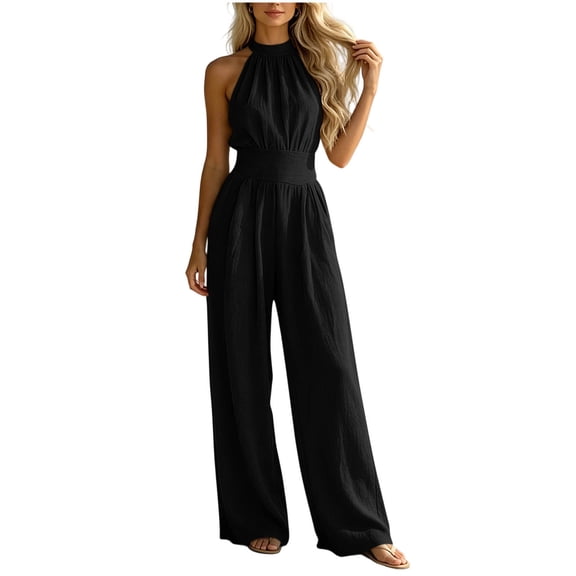 TEAJOPSUU Womens Jumpsuit Halter Neck Sleeveless Tie Waist Wide Leg Summer Jumpsuit Loose Casual Pleated Jumpsuit Black