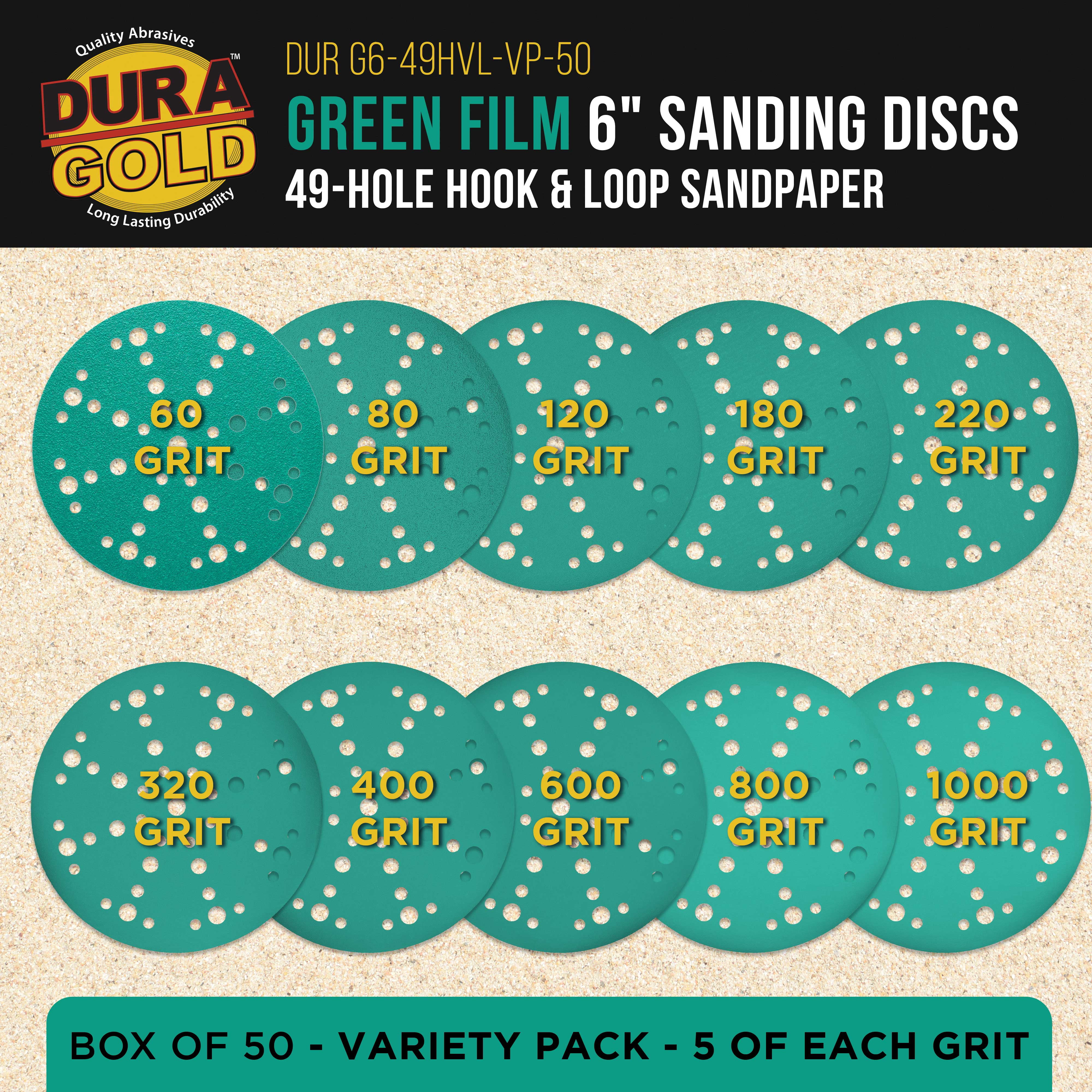 Dura-Gold Premium 6" Green Film Sanding Discs, 49-Hole Pattern, 50 Disc Variety Pack, Grits 60, 80, 120, 180, 220, 320, 400, 600, 800, 1000 - Heavy-Duty Hook & Loop Sandpaper, DA Random Orbital Sander