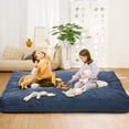 thumbnail image 1 of 2-in-1 Convertible Bean Bag Chair Bed for Adults - Extra Large Corduroy Sofa with High-Density Foam, Washable Cover - Ideal for Living Room, Bedroom- Navy Blue, Queen (D48"xH27", Mattress 80"x60"x10"), 1 of 8