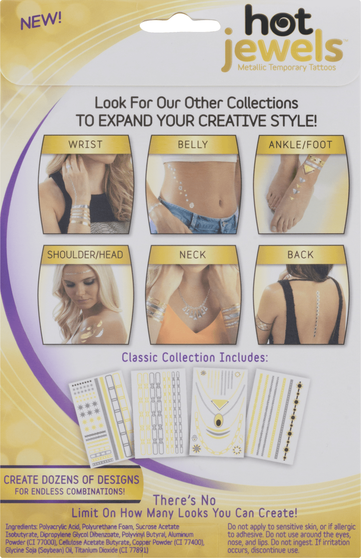 Hot Jewels Metallic Temporary Tattoos, Dazzle with Body Jewelry, 4 Sheets, as Seen on TV, Multi-colored