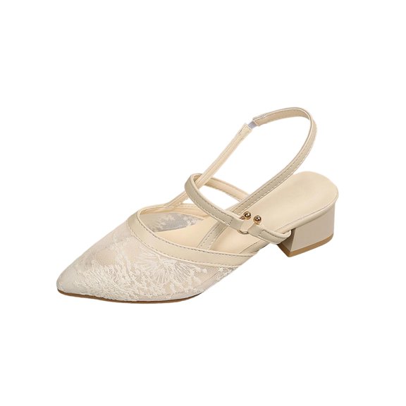hopeusnice Lace Pointed Toe Slingback Block Heel Sandal Women Dressy Wedding Evening Shoes Beige 36