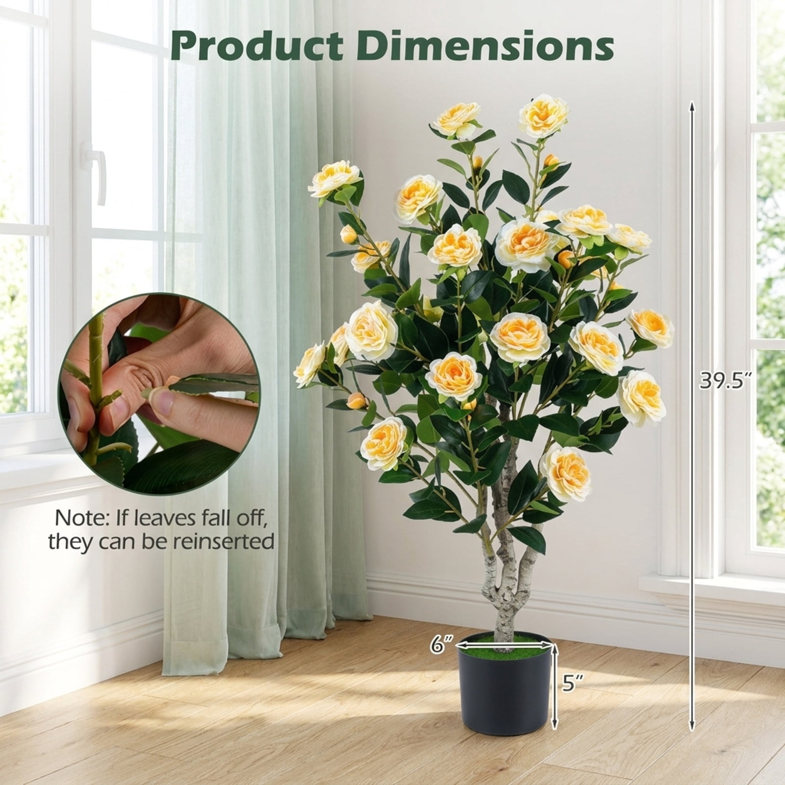 Vebreda Artificial Plant Decor, 39.5" Artificial Camellia Tree with Orange Blossoms in Cement Pot for Home Decoration, Selected Materials