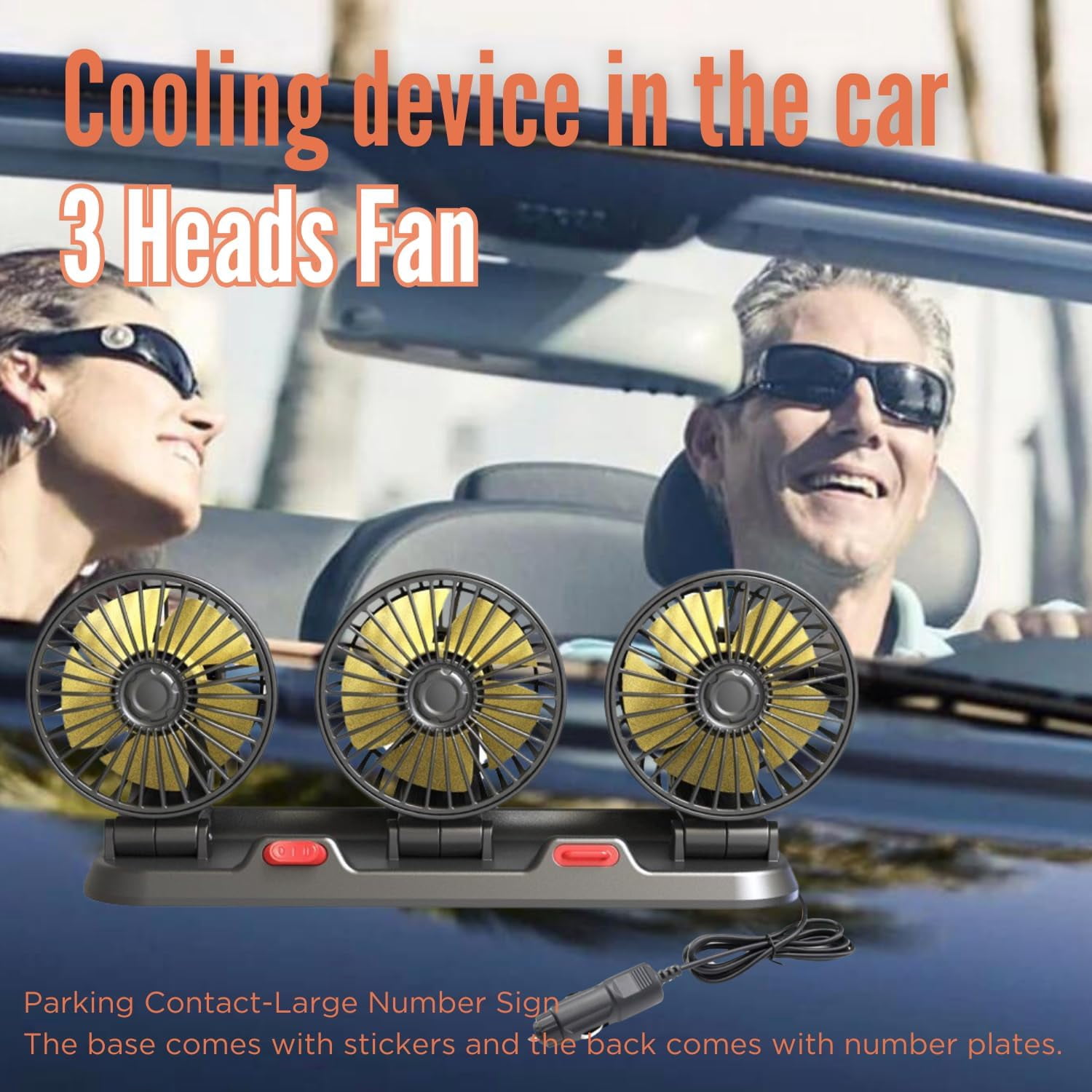 XZKING  Car Fan Three Head Portable Vehicle Cooling Fan with Two Speeds, 360° Rotation Fan with Cigarette Lighter Plug for Vehicles, RV, SUV