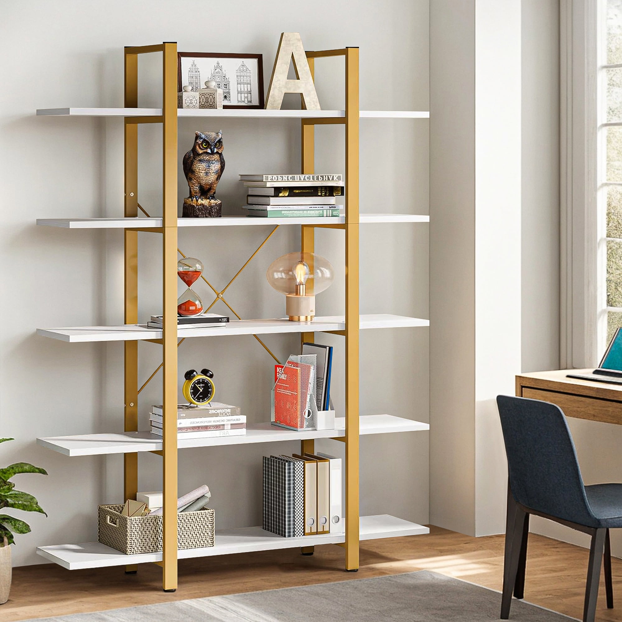 Demi Bonn 5 Tier Bookshelf, Bookshelves, Open Etagere Bookcase Shelf Storage Organizer, Free Standing Storage Shelving Unit for Bedroom, Living Room and Home Office, White & Gold