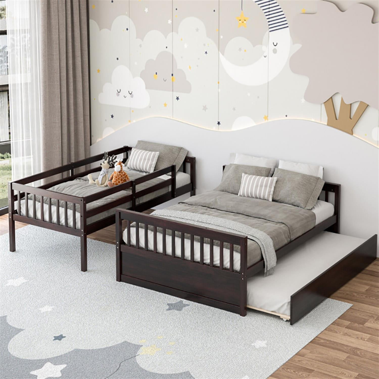 Demi Bonn Twin Pull-Out Bunk Beds with Ladder in the Steps and a Trundle, Full Convertible Bunk Bed Platform, Brown