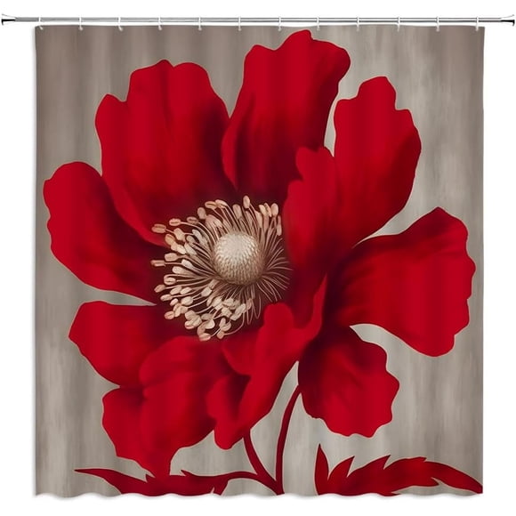 Red Flower Bloom Shower Curtain - 72x72 Inch Retro Floral Brown & Red Vintage Chic Elegant Plant Home Decor Includes Hooks