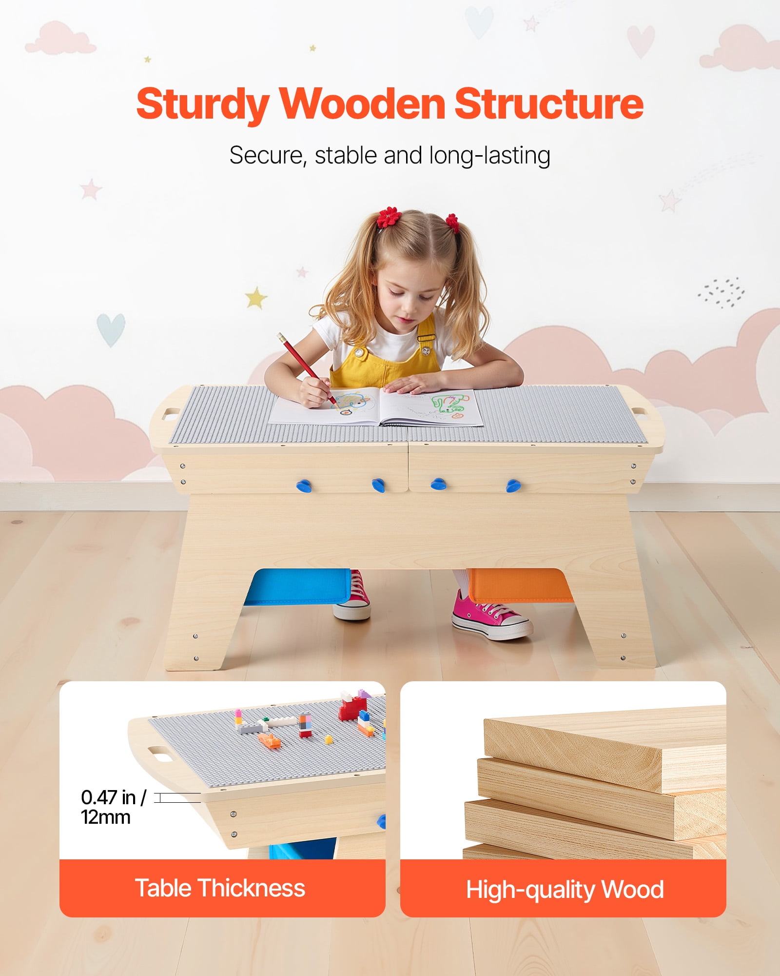 VEVOR Kids Reversible Wooden Activity Table, Multi-Purpose Activity Play Table with 200 Building Bricks & 3 Storage Bins for Kids 3+ Years, Large Storage Space, Present for Boys & Girls, Natural