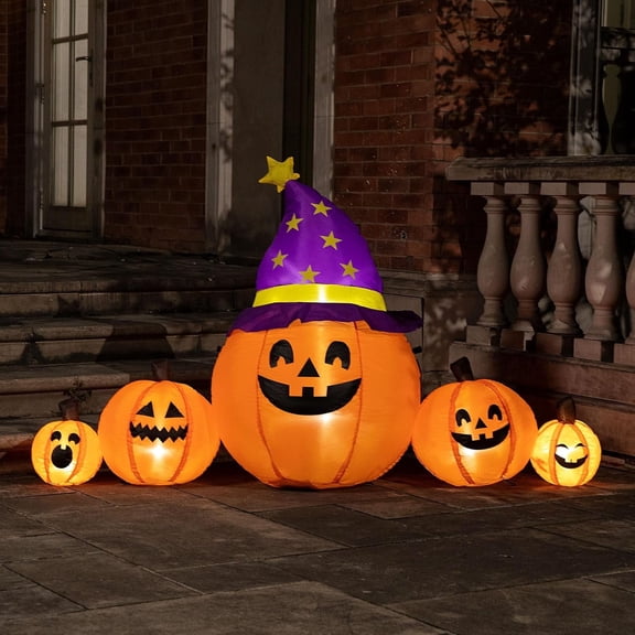 SPECSTAR 6ft Long Halloween Inflatable LED Lighted Pumpkin Family Blow up Outdoor Lawn Yard Decoration