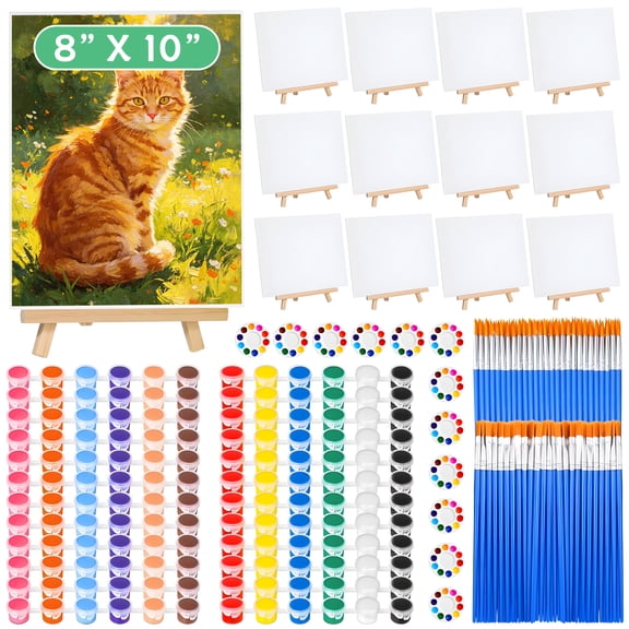 120pcs 8x10 Inch Painting Supplies Kit, 12Pack Art Canvas Bulk with Easel Stand, 12 Colors Mini Acrylic Paint Set, Small Paint Brushes, Paint Trays, Painting Kit