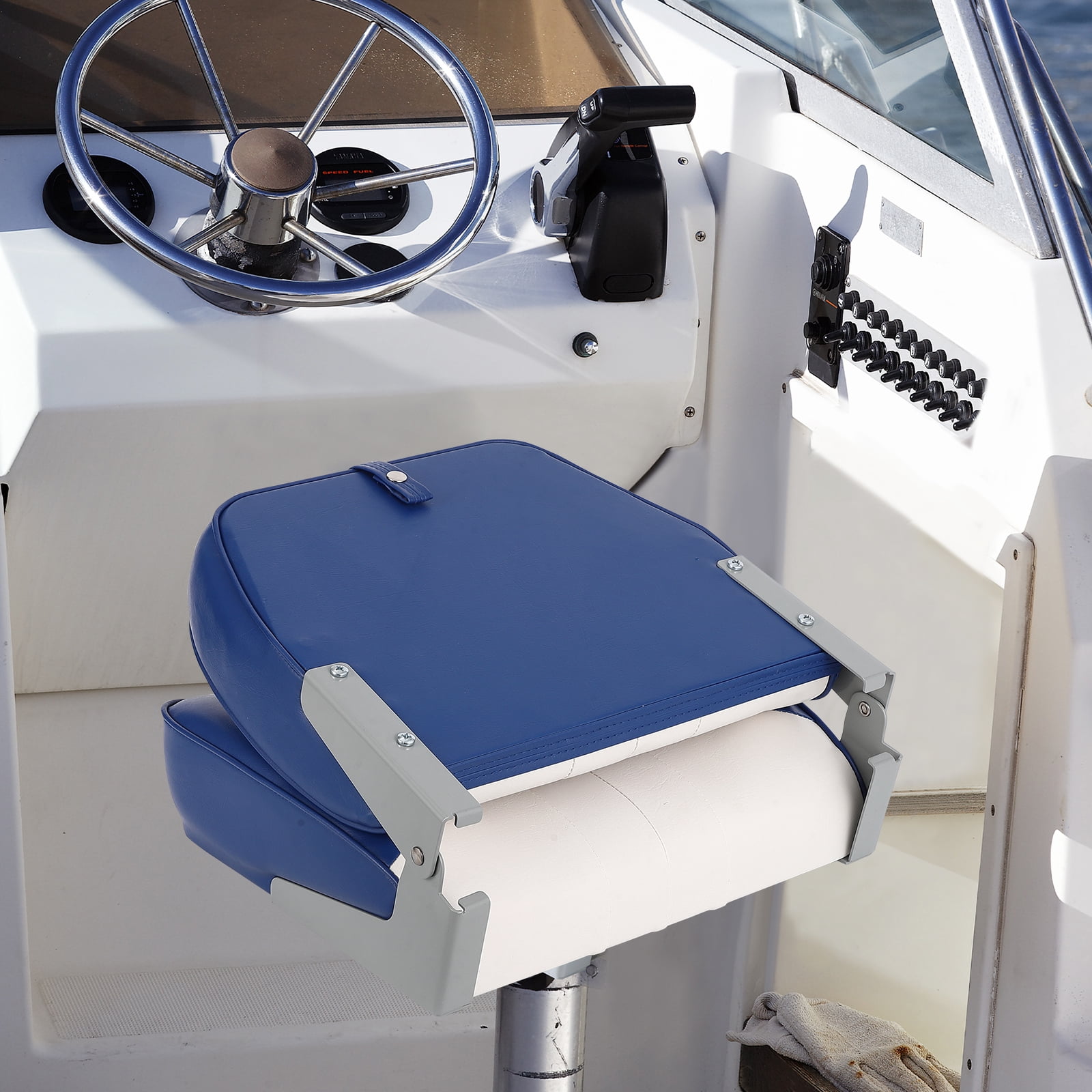 Kicctian 2 Pack High Back Folding Boat Seats with Thick Sponge Padding, Hinge & Fold-Down Design for Speedboat, Canoe or Sightseeing Boats,Blue+White